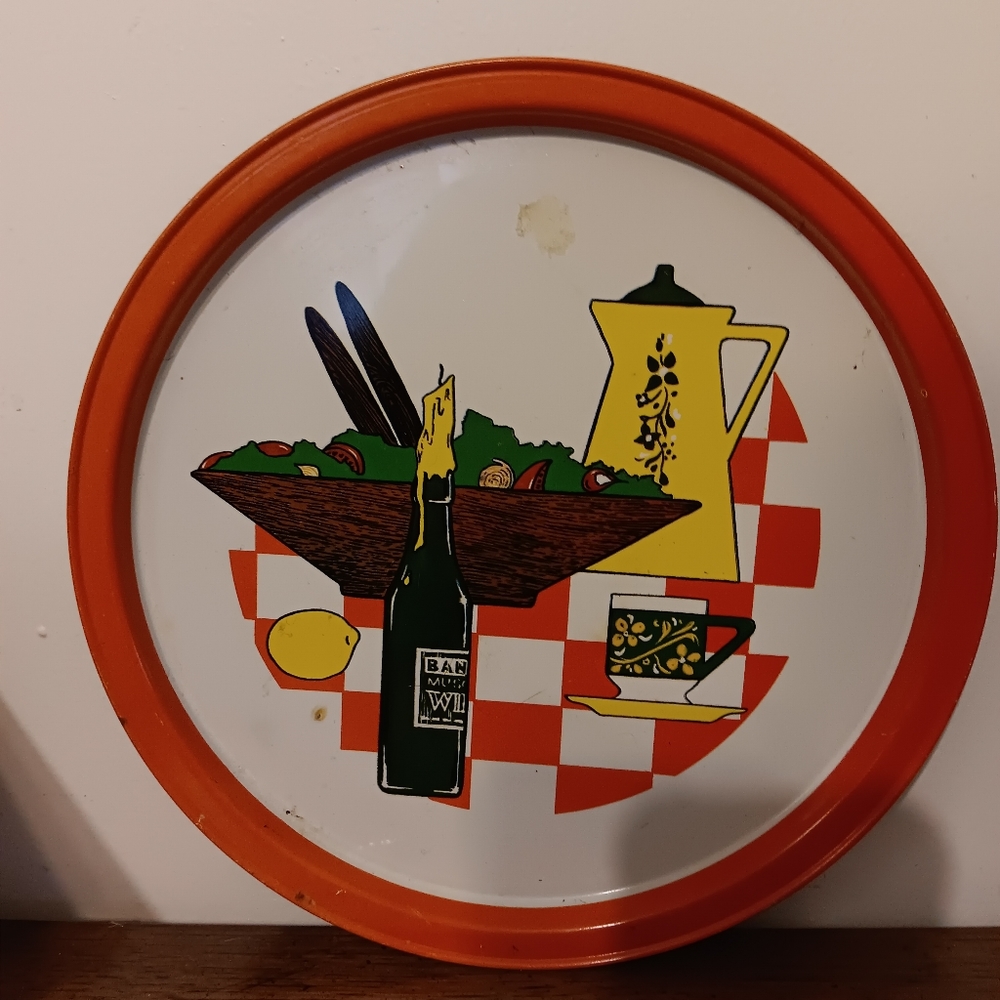 Tin Litho 11" Plate Tray Cookout Chef Lemon Salad Coffee Food Serving Vtg MCM